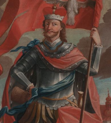 Zdjęcie nr 1: Obraz w formie kwadratu zamkniętego łukiem półkolistym nadwieszonym. W centrum kompozycji całopostaciowe przedstawienie św. Floriana, zwróconego frontalnie, z głową skierowaną w prawo. Święty w lewej uniesionej ręce trzyma chorągiew z wizerunkiem Orła Białego, prawą opiera o biodro, w dłoni trzymając cebrzyk, stoi w wykroku. Twarz ma kwadratową, o migdałowatych oczach skierowanych ku górze, zmarszczonych brwiach, dużym nosie i wąskich ustach, okoloną krótką brodą z długimi wąsami oraz jasnobrązowymi włosami sięgającymi ramion. Święty ubrany jest w pełną zbroję i tunikę sięgającą kolan oraz czerwony płaszcz z gronostajowym podbiciem spięty na prawym ramieniu i opadający na boki postaci, przez tors ma przewiązaną niebieską szarfę, na głowie ma mitrę książęcą. Florian ukazany jest na tle pejzażu miejskiego, po jego prawej stronie znajdują się płonące budynki Kleparza, a po lewej kościół św. Floriana. 
