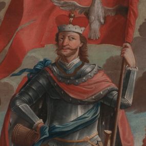 Zdjęcie nr 1: Obraz w formie kwadratu zamkniętego łukiem półkolistym nadwieszonym. W centrum kompozycji całopostaciowe przedstawienie św. Floriana, zwróconego frontalnie, z głową skierowaną w prawo. Święty w lewej uniesionej ręce trzyma chorągiew z wizerunkiem Orła Białego, prawą opiera o biodro, w dłoni trzymając cebrzyk, stoi w wykroku. Twarz ma kwadratową, o migdałowatych oczach skierowanych ku górze, zmarszczonych brwiach, dużym nosie i wąskich ustach, okoloną krótką brodą z długimi wąsami oraz jasnobrązowymi włosami sięgającymi ramion. Święty ubrany jest w pełną zbroję i tunikę sięgającą kolan oraz czerwony płaszcz z gronostajowym podbiciem spięty na prawym ramieniu i opadający na boki postaci, przez tors ma przewiązaną niebieską szarfę, na głowie ma mitrę książęcą. Florian ukazany jest na tle pejzażu miejskiego, po jego prawej stronie znajdują się płonące budynki Kleparza, a po lewej kościół św. Floriana. 
