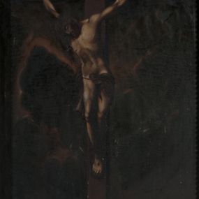 Zdjęcie nr 1: Obraz w formie stojącego prostokąta. W jego centrum znajduje się krzyż, do którego przybita jest trzema gwoździami postać Chrystusa. Jego ciało skierowane jest w trzech czwartych w prawo, opada bezwładnie razem z głową przechyloną na prawy bark, nogi lekko ugięte w kolanach, stopy skrzyżowane w układzie prawa na lewą. Twarz Chrystusa jest szczupła, z zamkniętymi oczami, prostym nosem i zamkniętymi ustami, okolona jest krótką brodą oraz włosami opadającymi na prawą stronę. Na głowie korona cierniowa. Ciało Chrystusa wychudzone, z zapadłym brzuchem i uwypukloną linią żeber klatki piersiowej. Perizonium krótkie, przewiązane sznurem, odsłaniające prawe biodro i udo, ze zwisem tkaniny wzdłuż prawej nogi. Pionowa belka krzyża zakończona banderolą z napisem „IN / RI”, u podstawy krzyża czaszka. Krzyż osadzony na widocznym w dole obrazu fragmencie ziemi. Tło w postaci ciemnego, zachmurzonego nieba. Kolorystyka ciemna, z przewagą brązów, ciało Chrystusa wydobyte mocno skontrastowanym światłocieniem. Obraz ujęty drewnianą, profilowaną ramą dekorowaną perełkowaniem. Na odwrocie obrazu, w prawym górnym rogu ramy napis „d(nia) 29. Sierpnia 1849. [...] / Obraz Pana JEZUSA od Erazma Windakiewicza”.

