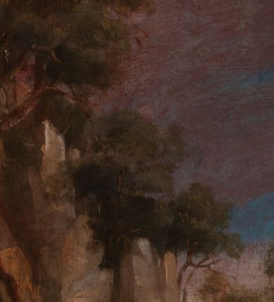 Zdjęcie nr 6: Obraz w formie stojącego prostokąta. W centrum pokutująca Maria Magdalena wśród skał. Święta przedstawiona jest w pozie klęczącej, zwrócona w trzech czwartych w prawo z wyciągniętymi w przód splecionymi dłońmi oraz uniesioną głową, skierowaną w przeciwną stronę. Jej twarz jest okrągła z pełnymi policzkami i wystającą brodą, dużymi oczami skierowanymi do góry, z których kapią łzy, małym, prostym nosem i pełnymi ustami. Okalają ją długie, jasne, silnie kręcone włosy, opadające puklami na ramiona. Maria jest ubrana w silnie drapowaną białą suknię odsłaniającą lewe ramię oraz ekspresyjnie kształtowany jasnobrązowy płaszcz przerzucony przez jej prawe ramię, opadający na kolana i na ziemię. Przed Marią, na skale znajdują się krzyż utworzony ze skrzyżowanych gałązek, czaszka, otwarta księga, szklane naczynie oraz dyscyplina. Postać flankowana jest z dwóch stron piętrzącymi się skałami, w tle widoczny jest daleki pejzaż z budynkiem, powyżej zachmurzone błękitno-różowe niebo z rozświetlonymi obłokami w prawym górnym rogu. Obraz ujęty masywną ramą dekorowaną płaskorzeźbionym suchym akantem z dwoma owalnymi medalionami po bokach. 
