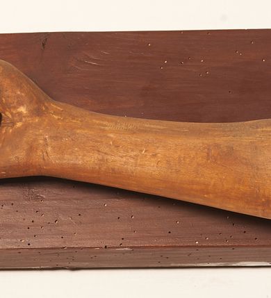 Zdjęcie nr 5: Rzeźbiona figura Chrystusa Ukrzyżowanego zawieszona na prostym, późniejszym od rzeźby krzyżu. Chrustu wisi z rozłożonymi do boków rękami przybitymi gwoździami, ze stopami złożonymi razem, prawa na lewej, przybitymi jednym gwoździem; kolana lekko ugięte. Ciało wyprężone, z zaznaczonymi żebrami i muskulaturą. Głowa opada na prawe ramię, twarz pociągła, oczy przymknięte, proste, nos prosty, długi, usta rozchylone, otoczone krótkimi wąsami i dzieląca się w dwa pukle brodą. Długie, kręcone włosy opadają do przodu, na tors, na głowie masywna, złocona korona cierniowa. Figura bejcowana na kolor ciemnobrązowy. Biodra przewiązane srebrzonym, krótkim perizonium którego zwoje przeplatają się z przodu, a koniec przy prawym udzie zawija się w ekspresyjny zwój. Tkanina układa się w drobne fałdy. Chrystus wisi na drewnianym, ciemnobrązowym krzyżu, w jej górnej części titulus z napisem „I.N./R.I.”.  