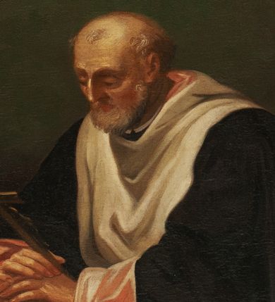 Zdjęcie nr 1: Obraz o nieregularnym kształcie (prostokąt o wklęsło-wypukłych bokach) z wizerunkiem św. Jana Kantego. W centrum kompozycji ukazany święty w postawie stojącej, zwrócony w trzech czwartych w prawo, widoczny do kolan, z dłońmi opartymi na czaszce leżącej na stojącym po lewej stronie obrazu stoliku. W dłoniach święty trzyma również krucyfiks. Twarz szeroka, z oczami skierowanymi na krucyfiks, z długim i wąskim nosem, okolona średniej długości, siwą brodą. Na głowie łysina, bokami widoczne siwe i krótkie włosy. Święty ubrany jest w czarną togę akademicką z czerwonym podszyciem. Stolik zasłany zielonym obrusem, na nim obok czaszki ułożone: otwarta księga i gałązka białej lilii. Tło jednolite w odcieniach zieleni i brązu. Rama złocona, profilowana.
