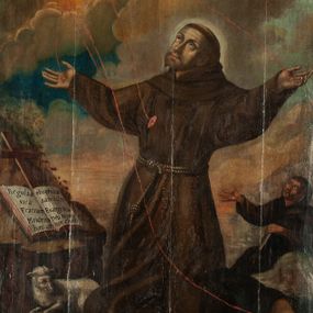 Zdjęcie nr 1: Obraz w kształcie stojącego prostokąta zamkniętego łukiem wklęsło-wypukłym z uskokami o dolnej krawędzi półkoliście wyciętej, przedstawiający stygmatyzację św. Franciszka. W centrum kompozycji znajduje się św. Franciszek w pozycji klęczącej, zwrócony w trzech czwartych w prawo, z rękami rozłożonymi szeroko na boki, z głową delikatnie uniesioną ku górze. Ma szeroką twarz, z krótkim zarostem, z dużymi oczami ze wzrokiem skierowanym na Chrystusa. Ubrany jest w habit franciszkański. W górnej części obrazu, po lewej stronie znajduje się Chrystus jako serafin, z którego ran wychodzą czerwone promienie o falistym przebiegu tworzące stygmaty u świętego Franciszka. Przed świętym, na wysokiej skale ułożone są: otwarta księga z napisem „Regula et / vita / Fratrum / Minorum / haec / est / observare / sanctum / Evangelium / D(omi)ni Nostri / Jesv Christi” oraz krzyż. Przed skałą siedzi baranek. Po prawej stronie obrazu widać zakonnika siedzącego na obłokach, który przypatruje się scenie stygmatyzacji, ukazanego z prawą ręką wyciągniętą do przodu, a w lewej trzymający zamkniętą księgą. W górnej części obrazu ukazano pochmurne niebo. W prawym dolnym rogu kompozycji znajduje się słabo czytelna data „ A[NNO] D[OMINI] 1730”. Rama drewniana, profilowana i złocona.


