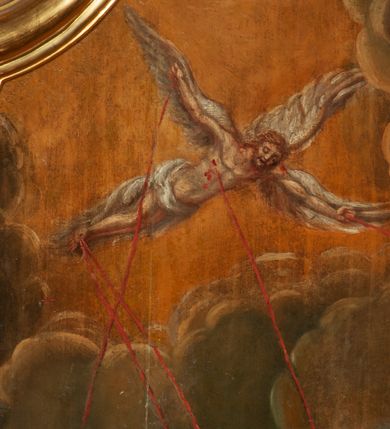 Zdjęcie nr 5: Obraz w kształcie stojącego prostokąta zamkniętego łukiem wklęsło-wypukłym z uskokami o dolnej krawędzi półkoliście wyciętej, przedstawiający stygmatyzację św. Franciszka. W centrum kompozycji znajduje się św. Franciszek w pozycji klęczącej, zwrócony w trzech czwartych w prawo, z rękami rozłożonymi szeroko na boki, z głową delikatnie uniesioną ku górze. Ma szeroką twarz, z krótkim zarostem, z dużymi oczami ze wzrokiem skierowanym na Chrystusa. Ubrany jest w habit franciszkański. W górnej części obrazu, po lewej stronie znajduje się Chrystus jako serafin, z którego ran wychodzą czerwone promienie o falistym przebiegu tworzące stygmaty u świętego Franciszka. Przed świętym, na wysokiej skale ułożone są: otwarta księga z napisem „Regula et / vita / Fratrum / Minorum / haec / est / observare / sanctum / Evangelium / D(omi)ni Nostri / Jesv Christi” oraz krzyż. Przed skałą siedzi baranek. Po prawej stronie obrazu widać zakonnika siedzącego na obłokach, który przypatruje się scenie stygmatyzacji, ukazanego z prawą ręką wyciągniętą do przodu, a w lewej trzymający zamkniętą księgą. W górnej części obrazu ukazano pochmurne niebo. W prawym dolnym rogu kompozycji znajduje się słabo czytelna data „ A[NNO] D[OMINI] 1730”. Rama drewniana, profilowana i złocona.


