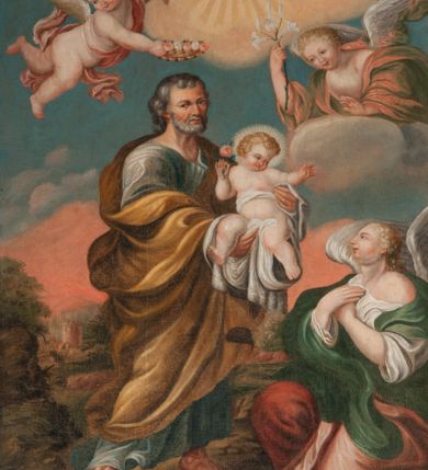 Zdjęcie nr 5: Rzeźba drążona, postać umieszczona na cokole. Święty Jan Ewangelista ukazany w całej postaci, frontalnie, prawą rękę przyciska do piersi w lewej opuszczonej wzdłuż ciała trzyma zamkniętą księgę. Twarz pociągła, o pełnych policzkach z długim nosem, małymi ustami oraz jasnoniebieskimi oczami, okolona krótkimi brązowymi włosami układającymi się w pukle. Święty jest ubrany w zieloną tunikę z wąskimi rękawami opadającą do podstawy płytkimi, miękkimi fałdami oraz złoty płaszcz spięty na dekolcie, zarzucony na ramiona, podtrzymywany z przodu przez prawe przedramię. Obok bosych stóp świętego, po jego prawej stronie ukazany biały orzeł z rozpostartymi skrzydłami.