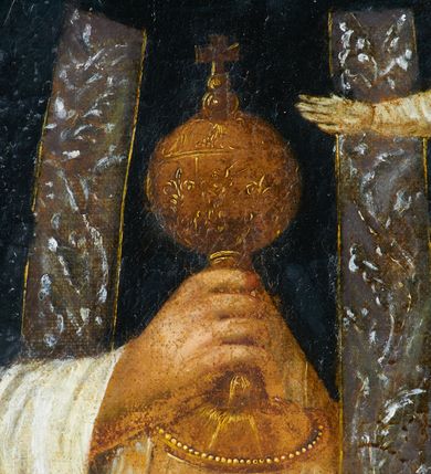 Zdjęcie nr 5: Feretron z obrazem w kształcie stojącego prostokąta z przedstawieniem św. Jacka.  Święty ukazany frontalnie, w półpostaci, z głową wysuniętą delikatnie do przodu i wzrokiem skierowanym przed siebie. Ręce ugięte, w lewej rzeźba Matki Boskiej z Dzieciątkiem, w prawej puszka na komunikanty. Ma okrągłą, małą twarz o ciemnych oczach, wąskim nosie i ustach, na głowie ma wyciętą tonsurę. Jest ubrany w biały habit dominikański oraz czarną pelerynę z kapturem, na to ma założoną srebrzystą stułę. W lewym, górnym rogu obrazu herb rodziny Odrowążów. Obraz oprawiono w profilowaną ramę, ustawiono na prostopadłościennej, wyciętej od dołu podstawie z otworami na drążki, ujęto spływami wolutowymi i zamknięto od góry łukiem wklęsło-wypukłym przedzielonym rozetą zwieńczoną krzyżem. Struktura malowana na kolor niebieski; profile złocone.