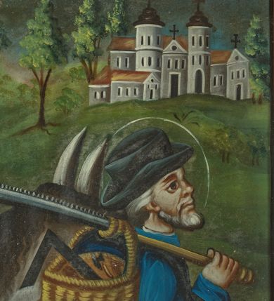 Zdjęcie nr 3: Obraz w kształcie stojącego prostokąta przedstawiający scenę Ucieczki do Egiptu. Po lewej stronie obrazu na siwym osiołku siedzi Matka Boska karmiąca Dzieciątko Jezus. Maria została ukazana frontalnie w pozycji siedzącej z głową delikatnie przechyloną na lewe ramię, lewą ręką otula Dzieciątko, a prawą przytrzymuje pierś. Ubrana jest jasnoczerwoną suknię z głębokim dekoltem, odsłaniającym białą koszulę oraz niebieski płaszcz założony na głowę i otulający całą sylwetkę. Maria ma pełną twarz z małymi ustami, dużym nosem, dużymi oczami i wyraźnie zarysowanymi, półkolistymi łukami brwiowymi. Wokół głowy ma złoty i promienisty nimb. Spod jej sukni widoczny jest żółty bucik. Po prawej stronie obrazu został ukazany św. Józef, widoczny z prawego profilu, który lewą ręką trzyma osiołka za uzdę, a prawą ugiętą w łokciu dźwiga piłę stolarską założoną na ramię, na której jest zawieszony jest wiklinowy koszyk, wypełniony narzędziami stolarskimi. Święty ubrany jest w długą, niebieską suknię; żółty płaszcz odsłaniający prawe ramię, przewiązany z przodu; sandały na stopach oraz czarny kapelusz na głowie. Ma podłużną twarz z dużymi oczami i krótką siwą brodę, a wokół głowy biały i okrągły nimb. Całość ukazana jest na tle zielonego pejzażu, w górnym prawym narożu obrazu widać świątynię chrześcijańską. Obraz obwiedziony jest dookoła czarnym konturem. Rama prosta, drewniana, pomalowana farbą olejną w kolorze brązowym.

Na odwrociu, u góry, na ramie znajduje się napis: „R(oku) 1857 20 maja ofiarował ten obraz Józef Dudzikowski / wierny sługa i przyjaciel rodziny Czaplickich, Waligórskich, Jagielskich i Zubrzyckich”, a poniżej drugi napis, pisany białą kredą: „1857 roku ofiarował / Józef / Dudzikow/ski dnia / 20 maja”.