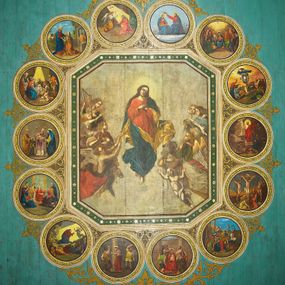 Zdjęcie nr 1: Ściany kościoła malowane w kolorze jasnozielonym, artykułowane malowanymi pilastrami o korynckich kapitelach z trzonami wypełnionymi motywem symetrycznej arabeski. Na ścianach nawy i prezbiterium, pomiędzy pilastrami wydzielone prostokątne pola w ramach wypełnionych geometrycznym ornamentem z całopostaciowymi przedstawieniami apostołów wraz z ich atrybutami. Każda z ram podzielona na dwie kwatery. W górnych umieszczone wizerunki apostołów, w dolnych inskrypcje na tle ornamentu roślinnego i złoconych krzyży: SW(IĘTY) JAKOB MŁODSZY, SW(IĘTY) JAN, SW(IĘTY) JĘDRZEJ, SW(IĘTY) PIOTR, SW(IĘTY) PAWEŁ, SW(IĘTY) BARTŁOMIEJ, SW(IĘTY) SZYMON, SW(IĘTY) JAKOB STARSZY, SW(IĘTY) TOMASZ, SW(IĘTY) MATEUSZ,  SW(IĘTY) FILIP, SW(IĘTY) TADEUSZ. W górnej części ścian malowany fryz wypełniony prostokątnymi płycinami wypełnionymi naprzemiennie ornamentem roślinnym i cęgowym oraz malowanymi en grisaille postaciami puttów trzymających girlandy. Na stropie prezbiterium malowanym kolorem niebiesko-zielonym, w części centralnej wydzielona rama w kształcie stojącego prostokąta o ściętych narożach mieszcząca scenę Wniebowzięcia Marii. Rama ujęta 14 mniejszymi medalionami wplecionymi w ornament roślinny mieszczącymi sceny z życia Marii i Chrystusa: Zwiastowanie, Nawiedzenie, św. Elżbiety, Boże Narodzenie, Ofiarowanie Chrystusa w świątyni, Odnalezienie Chrystusa w świątyni, Modlitwę w ogrójcu, Biczowanie, Cierniem koronowanie, Drogę krzyżową, Ukrzyżowanie, Zmartwychwstanie, Przemienienie na górze Tabor, Zesłanie Ducha Świętego i Koronację Marii. Na ścianie tęczowej, na jasnożółtym tle postaci dwóch ustawionych naprzeciwko siebie klęczących na obłokach aniołów, z których anioł z lewej strony wskazuje palcem przed siebie, anioł z prawej składa ręce w geście modlitwy. Na stropie nawy malowanym kolorem jasnoniebieskim, w części centralnej pole w kształcie stojącego prostokąta ujętego ramą dekorowaną ornamentem geometrycznym i roślinnym ze sceną  Przemienienia na górze Tabor malowaną według obrazu Rafaela Santi o tym samym temacie. Balustrada chóru muzycznego malowana w odcieniach jasnej zieleni, z dekoracją płycinową. W płycinach dekoracja roślinna o charakterze arabeskowych, w płycinie centralnej dodatkowo przedstawienie harfy ujętej liśćmi laurowymi i zwieńczonej gwiazdą. U dołu balustrady fryz wypełniony motywem palmety, u góry fryz z motywem kwiatowym.