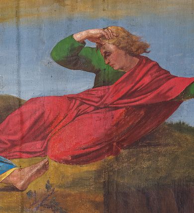 Zdjęcie nr 27: Ściany kościoła malowane w kolorze jasnozielonym, artykułowane malowanymi pilastrami o korynckich kapitelach z trzonami wypełnionymi motywem symetrycznej arabeski. Na ścianach nawy i prezbiterium, pomiędzy pilastrami wydzielone prostokątne pola w ramach wypełnionych geometrycznym ornamentem z całopostaciowymi przedstawieniami apostołów wraz z ich atrybutami. Każda z ram podzielona na dwie kwatery. W górnych umieszczone wizerunki apostołów, w dolnych inskrypcje na tle ornamentu roślinnego i złoconych krzyży: SW(IĘTY) JAKOB MŁODSZY, SW(IĘTY) JAN, SW(IĘTY) JĘDRZEJ, SW(IĘTY) PIOTR, SW(IĘTY) PAWEŁ, SW(IĘTY) BARTŁOMIEJ, SW(IĘTY) SZYMON, SW(IĘTY) JAKOB STARSZY, SW(IĘTY) TOMASZ, SW(IĘTY) MATEUSZ,  SW(IĘTY) FILIP, SW(IĘTY) TADEUSZ. W górnej części ścian malowany fryz wypełniony prostokątnymi płycinami wypełnionymi naprzemiennie ornamentem roślinnym i cęgowym oraz malowanymi en grisaille postaciami puttów trzymających girlandy. Na stropie prezbiterium malowanym kolorem niebiesko-zielonym, w części centralnej wydzielona rama w kształcie stojącego prostokąta o ściętych narożach mieszcząca scenę Wniebowzięcia Marii. Rama ujęta 14 mniejszymi medalionami wplecionymi w ornament roślinny mieszczącymi sceny z życia Marii i Chrystusa: Zwiastowanie, Nawiedzenie, św. Elżbiety, Boże Narodzenie, Ofiarowanie Chrystusa w świątyni, Odnalezienie Chrystusa w świątyni, Modlitwę w ogrójcu, Biczowanie, Cierniem koronowanie, Drogę krzyżową, Ukrzyżowanie, Zmartwychwstanie, Przemienienie na górze Tabor, Zesłanie Ducha Świętego i Koronację Marii. Na ścianie tęczowej, na jasnożółtym tle postaci dwóch ustawionych naprzeciwko siebie klęczących na obłokach aniołów, z których anioł z lewej strony wskazuje palcem przed siebie, anioł z prawej składa ręce w geście modlitwy. Na stropie nawy malowanym kolorem jasnoniebieskim, w części centralnej pole w kształcie stojącego prostokąta ujętego ramą dekorowaną ornamentem geometrycznym i roślinnym ze sceną  Przemienienia na górze Tabor malowaną według obrazu Rafaela Santi o tym samym temacie. Balustrada chóru muzycznego malowana w odcieniach jasnej zieleni, z dekoracją płycinową. W płycinach dekoracja roślinna o charakterze arabeskowych, w płycinie centralnej dodatkowo przedstawienie harfy ujętej liśćmi laurowymi i zwieńczonej gwiazdą. U dołu balustrady fryz wypełniony motywem palmety, u góry fryz z motywem kwiatowym.