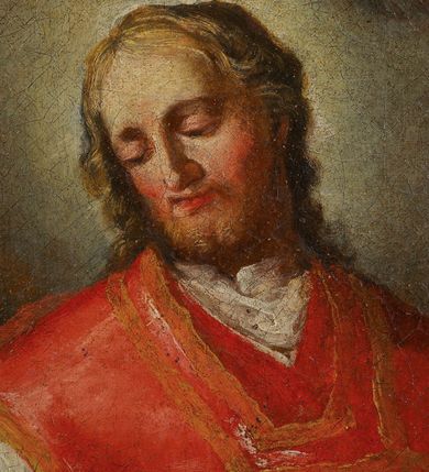 Zdjęcie nr 3: Obraz w kształcie stojącego prostokąta, ujęty złoconą i srebrzoną, profilowaną ramą dekorowaną na dłuższych bokach motywem rocaille'a oraz akantu. W centrum kompozycji ukazany całopostaciowo i frontalnie św. Walenty stojący przed ołtarzem, na którym ustawiona jest otwarta księga. Święty przedstawiony jako dojrzały mężczyzna o dłuższych, siwych włosach i krótkiej brodzie zwracający głowę w kierunku siedzącej w lewym, dolnym rogu kompozycji niewidomej kobiety. Jest on ubrany w długą, białą albę, na którą ma nałożony czerwony ornat ze złotymi lamówkami. W lewej ręce trzyma krucyfiks, prawą wyciąga w kierunku kobiety. Wokół głowy świętego świetlisty nimb. Postać kobiety przedstawiona tyłem, w pozycji siedzącej z ciałem zwróconym w trzech czwartych w kierunku św. Walentego. Kobieta ubrana w żółtą szatę z długimi rękawami, niebieski płaszcz i białą chustę wyciąga obie ręce przed siebie. Głowa przedstawiona z profilu uniesiona lekko ku górze, oczy zamknięte. Spod białej chusty widoczne ciemne włosy. Na drugim planie, z lewej strony podwieszona ciemnozielona kotara, w prawej uskrzydlone główki anielskie w obłokach. Kolorystyka obrazu ciepła, ciemna. 