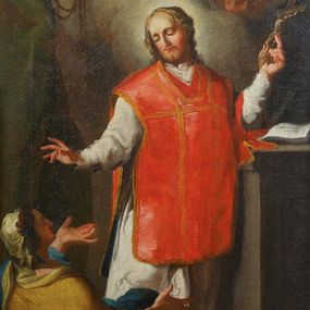 Zdjęcie nr 1: Obraz w kształcie stojącego prostokąta, ujęty złoconą i srebrzoną, profilowaną ramą dekorowaną na dłuższych bokach motywem rocaille'a oraz akantu. W centrum kompozycji ukazany całopostaciowo i frontalnie św. Walenty stojący przed ołtarzem, na którym ustawiona jest otwarta księga. Święty przedstawiony jako dojrzały mężczyzna o dłuższych, siwych włosach i krótkiej brodzie zwracający głowę w kierunku siedzącej w lewym, dolnym rogu kompozycji niewidomej kobiety. Jest on ubrany w długą, białą albę, na którą ma nałożony czerwony ornat ze złotymi lamówkami. W lewej ręce trzyma krucyfiks, prawą wyciąga w kierunku kobiety. Wokół głowy świętego świetlisty nimb. Postać kobiety przedstawiona tyłem, w pozycji siedzącej z ciałem zwróconym w trzech czwartych w kierunku św. Walentego. Kobieta ubrana w żółtą szatę z długimi rękawami, niebieski płaszcz i białą chustę wyciąga obie ręce przed siebie. Głowa przedstawiona z profilu uniesiona lekko ku górze, oczy zamknięte. Spod białej chusty widoczne ciemne włosy. Na drugim planie, z lewej strony podwieszona ciemnozielona kotara, w prawej uskrzydlone główki anielskie w obłokach. Kolorystyka obrazu ciepła, ciemna. 