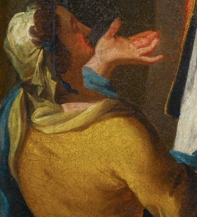 Zdjęcie nr 10: Obraz w kształcie stojącego prostokąta, ujęty złoconą i srebrzoną, profilowaną ramą dekorowaną na dłuższych bokach motywem rocaille'a oraz akantu. W centrum kompozycji ukazany całopostaciowo i frontalnie św. Walenty stojący przed ołtarzem, na którym ustawiona jest otwarta księga. Święty przedstawiony jako dojrzały mężczyzna o dłuższych, siwych włosach i krótkiej brodzie zwracający głowę w kierunku siedzącej w lewym, dolnym rogu kompozycji niewidomej kobiety. Jest on ubrany w długą, białą albę, na którą ma nałożony czerwony ornat ze złotymi lamówkami. W lewej ręce trzyma krucyfiks, prawą wyciąga w kierunku kobiety. Wokół głowy świętego świetlisty nimb. Postać kobiety przedstawiona tyłem, w pozycji siedzącej z ciałem zwróconym w trzech czwartych w kierunku św. Walentego. Kobieta ubrana w żółtą szatę z długimi rękawami, niebieski płaszcz i białą chustę wyciąga obie ręce przed siebie. Głowa przedstawiona z profilu uniesiona lekko ku górze, oczy zamknięte. Spod białej chusty widoczne ciemne włosy. Na drugim planie, z lewej strony podwieszona ciemnozielona kotara, w prawej uskrzydlone główki anielskie w obłokach. Kolorystyka obrazu ciepła, ciemna. 