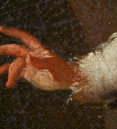 Zdjęcie nr 5: Obraz w kształcie stojącego prostokąta, ujęty złoconą i srebrzoną, profilowaną ramą dekorowaną na dłuższych bokach motywem rocaille&#039;a oraz akantu. W centrum kompozycji ukazany całopostaciowo i frontalnie św. Walenty stojący przed ołtarzem, na którym ustawiona jest otwarta księga. Święty przedstawiony jako dojrzały mężczyzna o dłuższych, siwych włosach i krótkiej brodzie zwracający głowę w kierunku siedzącej w lewym, dolnym rogu kompozycji niewidomej kobiety. Jest on ubrany w długą, białą albę, na którą ma nałożony czerwony ornat ze złotymi lamówkami. W lewej ręce trzyma krucyfiks, prawą wyciąga w kierunku kobiety. Wokół głowy świętego świetlisty nimb. Postać kobiety przedstawiona tyłem, w pozycji siedzącej z ciałem zwróconym w trzech czwartych w kierunku św. Walentego. Kobieta ubrana w żółtą szatę z długimi rękawami, niebieski płaszcz i białą chustę wyciąga obie ręce przed siebie. Głowa przedstawiona z profilu uniesiona lekko ku górze, oczy zamknięte. Spod białej chusty widoczne ciemne włosy. Na drugim planie, z lewej strony podwieszona ciemnozielona kotara, w prawej uskrzydlone główki anielskie w obłokach. Kolorystyka obrazu ciepła, ciemna. 