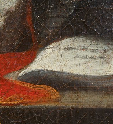 Zdjęcie nr 12: Obraz w kształcie stojącego prostokąta, ujęty złoconą i srebrzoną, profilowaną ramą dekorowaną na dłuższych bokach motywem rocaille'a oraz akantu. W centrum kompozycji ukazany całopostaciowo i frontalnie św. Walenty stojący przed ołtarzem, na którym ustawiona jest otwarta księga. Święty przedstawiony jako dojrzały mężczyzna o dłuższych, siwych włosach i krótkiej brodzie zwracający głowę w kierunku siedzącej w lewym, dolnym rogu kompozycji niewidomej kobiety. Jest on ubrany w długą, białą albę, na którą ma nałożony czerwony ornat ze złotymi lamówkami. W lewej ręce trzyma krucyfiks, prawą wyciąga w kierunku kobiety. Wokół głowy świętego świetlisty nimb. Postać kobiety przedstawiona tyłem, w pozycji siedzącej z ciałem zwróconym w trzech czwartych w kierunku św. Walentego. Kobieta ubrana w żółtą szatę z długimi rękawami, niebieski płaszcz i białą chustę wyciąga obie ręce przed siebie. Głowa przedstawiona z profilu uniesiona lekko ku górze, oczy zamknięte. Spod białej chusty widoczne ciemne włosy. Na drugim planie, z lewej strony podwieszona ciemnozielona kotara, w prawej uskrzydlone główki anielskie w obłokach. Kolorystyka obrazu ciepła, ciemna. 