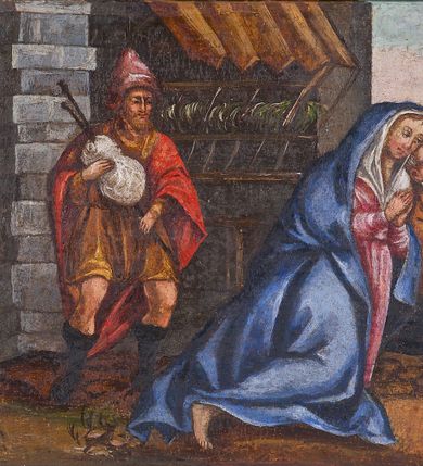 Zdjęcie nr 15: Ołtarz architektoniczny, jednoosiowy, jednokondygnacyjny ze zwieńczeniem, ujęty uszami z ornamentu małżowinowo-chrząstkowego oraz akantu. Mensa drewniana o linii wklęsło-wypukłej, z kamiennym portatylem. Antepedium drewniane, w części centralnej dekorowane płaskorzeźbionym medalionem z wici roślinnej mieszczącym monogram maryjny ujęty po bokach ornamentem roślinnym. Nastawa ustawiona na profilowanym cokole dekorowanym uskrzydlonymi główkami anielskimi. W części środkowej predella ze złoconą płyciną w kształcie leżącego prostokąta ujętego palmetami, wewnątrz której znajduje się obraz ze sceną Pokłonu pasterzy. Retabulum ujęte parą korynckich kolumn ustawionych na wysokich cokołach. Kolumny dźwigają odcinki wyłamanego belkowania zwieńczonego profilowanym gzymsem, na którym ustawiono figury św. Wojciecha i św. Stanisława. Trzony kolumn złocone, w jednej trzeciej wysokości opięte profilowanym okuciem, poniżej którego płaskorzeźbione, uskrzydlone główki anielskie na tle ornamentu okuciowego, a powyżej winna latorośl na tle ornamentu okuciowego. Pole środkowe ołtarza w formie arkady zamkniętej łukiem półkolistym mieści obraz przedstawiający temat Rodziny Marii. W przyłuczach płaskorzeźbione, uskrzydlone główki anielskie. Zwieńczenie ujęte hermowymi pilastrami dźwigającymi niepełne, wyłamane belkowanie z uskrzydloną główką anielską na osi, na którym znajduje się trójkątny, przerwany przyczółek. Na ramionach przyczółka półleżące postaci aniołów, pomiędzy nimi, w osi ołtarza figura Chrystusa Zmartwychwstałego. W polu obraz w kształcie stojącego prostokąta zamkniętego łukiem półokrągłym przedstawiający św. Marcina. Zwieńczenie ujęte uszami utworzonymi z akantu oraz podwieszonej draperii. Struktura ołtarza jest polichromowana na ciemnozielono, ze złoconymi detalami architektonicznymi i ornamentyką. Figury w partiach ciała z naturalistyczną polichromią oraz złoconymi szatami i atrybutami.