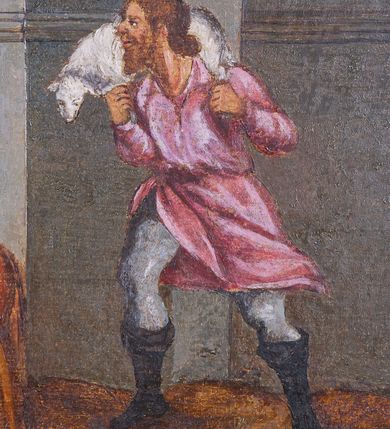 Zdjęcie nr 20: Ołtarz architektoniczny, jednoosiowy, jednokondygnacyjny ze zwieńczeniem, ujęty uszami z ornamentu małżowinowo-chrząstkowego oraz akantu. Mensa drewniana o linii wklęsło-wypukłej, z kamiennym portatylem. Antepedium drewniane, w części centralnej dekorowane płaskorzeźbionym medalionem z wici roślinnej mieszczącym monogram maryjny ujęty po bokach ornamentem roślinnym. Nastawa ustawiona na profilowanym cokole dekorowanym uskrzydlonymi główkami anielskimi. W części środkowej predella ze złoconą płyciną w kształcie leżącego prostokąta ujętego palmetami, wewnątrz której znajduje się obraz ze sceną Pokłonu pasterzy. Retabulum ujęte parą korynckich kolumn ustawionych na wysokich cokołach. Kolumny dźwigają odcinki wyłamanego belkowania zwieńczonego profilowanym gzymsem, na którym ustawiono figury św. Wojciecha i św. Stanisława. Trzony kolumn złocone, w jednej trzeciej wysokości opięte profilowanym okuciem, poniżej którego płaskorzeźbione, uskrzydlone główki anielskie na tle ornamentu okuciowego, a powyżej winna latorośl na tle ornamentu okuciowego. Pole środkowe ołtarza w formie arkady zamkniętej łukiem półkolistym mieści obraz przedstawiający temat Rodziny Marii. W przyłuczach płaskorzeźbione, uskrzydlone główki anielskie. Zwieńczenie ujęte hermowymi pilastrami dźwigającymi niepełne, wyłamane belkowanie z uskrzydloną główką anielską na osi, na którym znajduje się trójkątny, przerwany przyczółek. Na ramionach przyczółka półleżące postaci aniołów, pomiędzy nimi, w osi ołtarza figura Chrystusa Zmartwychwstałego. W polu obraz w kształcie stojącego prostokąta zamkniętego łukiem półokrągłym przedstawiający św. Marcina. Zwieńczenie ujęte uszami utworzonymi z akantu oraz podwieszonej draperii. Struktura ołtarza jest polichromowana na ciemnozielono, ze złoconymi detalami architektonicznymi i ornamentyką. Figury w partiach ciała z naturalistyczną polichromią oraz złoconymi szatami i atrybutami.