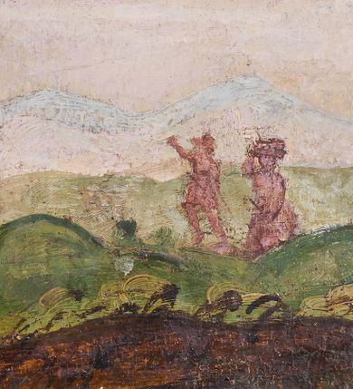 Zdjęcie nr 14: Obraz w kształcie leżącego prostokąta o wydłużonych proporcjach. Na tle stajenki przedstawiona została scena Pokłonu pasterzy. W centrum kompozycji ukazany Jezus leżący na białej tkaninie, w żłóbku. Jasnowłose Dzieciątko jest nagie, zwraca swoją głowę w prawo, w kierunku Marii. Jego prawa ręka jest uniesiona do policzka, lewa ułożona wzdłuż ciała; nogi delikatnie ugięte. Za żłóbkiem ukazany klęczący anioł o długich, jasnobrązowych włosach ubrany w czerwono-zielone szaty. Skrzydła anioła są szeroko rozpostarte. Jego głowa jest pochylona do dołu, a ręce skrzyżowane na piersi. Powyżej kolejny anioł w otoczeniu obłoków trzymający w rękach banderolę. Z lewej strony kompozycji ukazani klęczący Maria (na pierwszym planie) i św. Józef (nieco z tyłu). Maria przedstawiona jako młoda kobieta o owalnej twarzy i dużych, ciemnych oczach. Głowa pochylona do dołu, ręce złożone w geście modlitwy. Maria ubrana jest w jasnoróżową suknię, białą chustę oraz jasnoniebieski, obszerny płaszcz zarzucony na głowę. Spod płaszcza widoczna bosa stopa. Święty Józef został ukazany jako starszy, siwowłosy mężczyzna z krótką brodą i wąsami ubrany z zielono-brązowe szaty. Ręce trzyma złożone w geście modlitwy. Kompozycję dopełniają postaci trzech pasterzy, jednego z lewej strony obrazu, dwóch z prawej. Pasterz przedstawiony z lewej został ukazany frontalnie w pozycji stojącej, jego nogi są lekko ugięte. W rękach trzyma biały instrument (?) o gruszkowatym kształcie. Postać ubrana jest w krótki, jasnobrązowy kaftan oraz czerwony płaszcz, na głowie ma różową, stożkowatą czapkę. Pierwszy z pasterzy przedstawionych z prawej strony obrazu został ukazany z lewego profilu, w pozycji klęczącej. Postać o dłuższych, brązowych włosach i brodzie w tym samym kolorze pochyla głowę w stronę Dzieciątka. Prawą rękę pasterz składa na piersi, w lewej opuszczonej wzdłuż ciała trzyma czarny kapelusz. Ubrany jest w jasnobrązową szatę, odsłaniającą lewe ramię i część torsu oraz ciemnobłękitny płaszcz. Na nogach ma czarne buty z wysokimi cholewkami. U jego stóp przedstawiono leżącą, białą owieczkę, nieco z tyłu osła i wołu. Trzeci z pasterzy został ukazany w pozycji stojącej, w silnym wykroku. Postać o dłuższych, brązowych włosach i brodzie, na ramionach trzyma białą owieczkę. Pasterz ubrany jest w jasnoróżowy kaftan, wąskie, szare spodnie oraz czarne buty z wysokimi cholewkami. Na drugim planie zostały ukazane fragmenty architektury otwierającej się dwoma prześwitami na rozległy, górzysty pejzaż. W arkadzie z prawej strony widoczne są dwie kolejne postaci, ukazane w znacznie pomniejszonej skali. W prawym, dolnym narożu kompozycji napis: „M.G.M.L. A(N)NO D(OMI)NI 1636 / Malowany 1636 / Poprawiany 1863”. Kolorystka obrazu żywa, utrzymana w ciepłej tonacji.