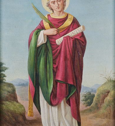 Zdjęcie nr 3: Feretron drewniany w prostej złoconej i malowanej ramie. Pole obrazowe ujęte dwoma kanelowanymi pilastrami. Zwieńczenie w formie łuku kotarowego z krzyżem na osi; w nim medalion z popiersiem Marii, poniżej dwa skrzyżowane młotki. Po bokach rzeźbione uszy z wici roślinnej i rozwiniętych kwiatów. Na awersie całopostaciowe przedstawienie św. Barbary na tle pejzażu, z wieżą po lewej stronie. Święta ukazana została w żółtej sukni, okryta niebieskim, podbitym na różowo, spiętym pod szyją płaszczem, z koroną na głowie. Lewą ręką przytrzymuje oparty o ziemię miecz, a prawą księgę oraz kielich z hostią. Na podstawie feretronu napis „Ś(więta) Barbaro / Módl się za nami”. 
Na rewersie całopostaciowe przedstawienie św. Klemensa na tle pejzażu. Święty został ukazany albie czerwonym ornacie podbitym zielenią, z tiarą na głowie i paliuszem na piersi. W prawej ręce trzyma liść palmowy, a w lewej zwój z napisem „AD CORINTHIOS”, wokół głowy ma złoty nimb. Na podstawie napis „Ś(więty) Klemensie / Módl się za nami”.