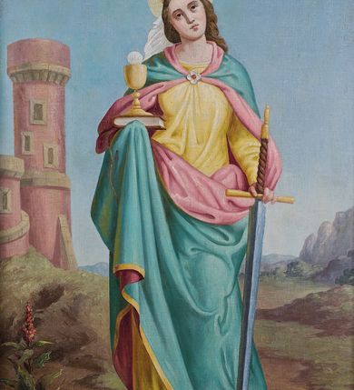 Zdjęcie nr 5: Feretron drewniany w prostej złoconej i malowanej ramie. Pole obrazowe ujęte dwoma kanelowanymi pilastrami. Zwieńczenie w formie łuku kotarowego z krzyżem na osi; w nim medalion z popiersiem Marii, poniżej dwa skrzyżowane młotki. Po bokach rzeźbione uszy z wici roślinnej i rozwiniętych kwiatów. Na awersie całopostaciowe przedstawienie św. Barbary na tle pejzażu, z wieżą po lewej stronie. Święta ukazana została w żółtej sukni, okryta niebieskim, podbitym na różowo, spiętym pod szyją płaszczem, z koroną na głowie. Lewą ręką przytrzymuje oparty o ziemię miecz, a prawą księgę oraz kielich z hostią. Na podstawie feretronu napis „Ś(więta) Barbaro / Módl się za nami”. 
Na rewersie całopostaciowe przedstawienie św. Klemensa na tle pejzażu. Święty został ukazany albie czerwonym ornacie podbitym zielenią, z tiarą na głowie i paliuszem na piersi. W prawej ręce trzyma liść palmowy, a w lewej zwój z napisem „AD CORINTHIOS”, wokół głowy ma złoty nimb. Na podstawie napis „Ś(więty) Klemensie / Módl się za nami”.