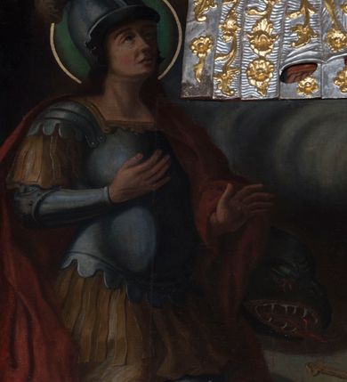 Zdjęcie nr 9: Neogotycki ołtarz główny w kolorze naturalnego wapienia, architektoniczny, wolnostojący, trójosiowy, z wydzieloną częścią cokołową, dwukondygnacyjny, ze zwieńczeniem. Mensa skrzyniowa, ujęta dwiema kolumienkami. Antependium ozdobione płycinami w kształcie czworoliści. Nastawa artykułowana w dolnej kondygnacji czworobocznymi półfilarami, w górnej kondygnacji kolumienkami o liściastych kapitelach, z opaskami w połowie wysokości, przechodzącymi w zwieńczeniu w pinakle. Dolna kondygnacja dwustrefowa. W strefie dolnej stylizowana wić roślinna i tarcze herbowe. W strefie górnej nisze zamknięte trójlistnie (na relikwiarze?), w osi środkowej pięć, w osiach skrajnych po jednej. W kondygnacji górnej nisze, środkowa szeroka, zamknięta ostrołukowo z maswerkowaniem w podłuczu, w osiach skrajnych wąskie, zamknięte trójlistnie. W niszy środkowej obraz Adoracja Matki Boskiej Śnieżnej przez śś. Wojciecha i Jerzego, po bokach obrazy: po prawej Św. Florian, z sygnaturą w dolnej części -  S. Bryniarski / pinxit 1886; po lewej postać kobiety w prawej ręce ze zwojem z napisem: EWAN/GELJA, z sygnaturą u dołu - S. Bryniarski / malował. W zwieńczeniu pomiędzy pinaklami trójkątne szczyty z żabkami na krawędziach, środkowy w polu z rozetą z Gołębicą Ducha Świętego na złotym tle, zakończony krzyżem. 