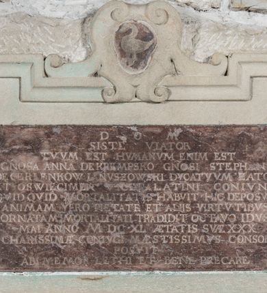 Zdjęcie nr 1: Epitafium w kształcie leżącego prostokąta z profilowanym obramieniem z uszakami w narożach. Górna krawędź obramienia zwieńczona na osi kartuszem ujętym dwiema wolutami, wypełniony wypukłą tarczą herbem Łabędź. W polu symetryczna inskrypcja: D.O.M. / SISTE VIATOR / TVVUM EST HVMANVM ENIM EST / GENEROSA ANNA DE KREMPSKO GENEROSI STEPHANI DE CERIENKOW IANUSZOWSKI DVCATVVM ZATOR / ET OSWIECIMEN VICEPALATINI CONIVNX / QVIDQVID MARTALITATIS HABVIT HIC DEPOSVIT / ANIMAM VERO PIETATE ET ALIIS VIRTVTIBVS / ORNATAM IMORTALITATI TRADIDIT OCTAVO IDVS / MAL ANNO MDCXL AETATIS SVAE XXX / CHARISSIMAE CONIVGI MAESTISSIMUS CONSORS / POSVIT / ABI MEMOR LETHI ET BENE PRECARE. Tablica epitafijna, herb wykonana w marmurze kieleckim, obramowanie z piaskowca.