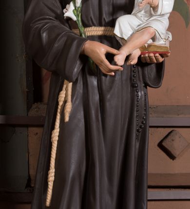 Zdjęcie nr 11: Nastawa architektoniczna, jednoosiowa, jednokondygnacyjna ze zwieńczeniem, ustawiona na dwustrefowym cokole, w górnej strefie z wyodrębnionymi dwoma prostopadłościanami. Ołtarz drewniany, prostopadłościenny, z drewnianą mensą. Antepedium ujęte profilowaną ramą z godłem franciszkanów (krzyż między skrzyżowanymi dłońmi) na czerwonym tle. Nastawa flankowana parą kolumn o kapitelach kompozytowych stojących na tle zwielokrotnionych pilastrów. Kolumny wspierają belkowanie wyłamane na ich osi oraz fragmenty falistego, przerwanego przyczółka z siedzącymi puttami. Pośrodku belkowania kartusz ujęty wieńcem laurowym z napisem „O Boże najczystsza / miłości! rozgrzej mię, / straw mię. S(więty) Aug(ustyn)”. Całe pole główne wypełnione wnęką w formie stojącego prostokąta, ujętego profilowaną ramą, z obrazem przedstawiającym św. Franciszka przed Chrystusem i Marią. Kondygnacja flankowana niewielkimi uszami utworzonymi ze stylizowanego akantu i wstęgi. Zwieńczenie w formie zbliżonej do kwadratu, o wklęsłych bokach dekorowanych ornamentem roślinnym, zamkniętego fragmentem gzymsu o kształcie łuku półkolistego nadwieszonego. W polu obraz św. Marii Magdaleny o tej samej formie, w profilowanej ramie. Obraz ujęty z trzech stron zwisami roślinnymi. Nastawa flankowana figurami św. Franciszka i św. Antoniego Padewskiego ustawionymi na wspornikach przy ścianie. Struktura polichromowana w kolorze białym, kolumny, profile złocone; ornamentyka złocona i srebrzona. 


