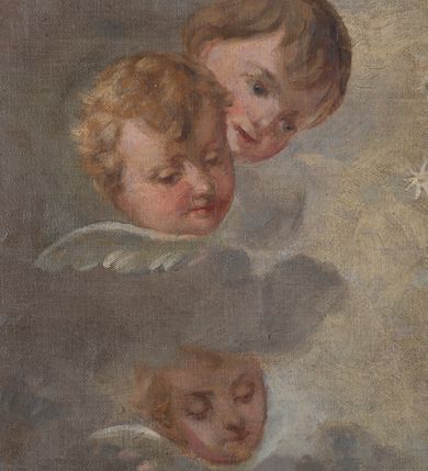 Zdjęcie nr 5: Obraz w kształcie stojącego prostokąta przedstawiający Matkę Boską Różańcową z Dzieciątkiem i świętymi dominikańskimi. W centrum kompozycji tronująca Matka Boska z Dzieciątkiem na kolanach, po bokach której klęczące postacie św. Dominika i św. Katarzyny Sieneńskiej. Matka Boska ukazana frontalnie, przechylona delikatnie w prawo z pochyloną głową, ukazaną w trzech czwartych, prawą ręką opuszczoną wzdłuż ciała podaje różaniec św. Dominikowi, lewą podtrzymuje Dzieciątko. Twarz o delikatnym rysach z długim i wąskim nosem oraz drobnymi ustami, głowa okolona ciemnobrązowymi, długimi włosami z przedziałkiem na środku. Maria jest ubrana w czerwoną suknię oraz niebieski płaszcz, ułożony na kolanach, zdobiony na brzegach złocona bordiurą. Głowa ujęta nimbem z jedenastu gwiazd,  a na niej założona otwarta korona. Dzieciątko ukazane frontalnie, w postawi stojącej, rączkami przekazujące różaniec św. Katarzynie Sieneńskiej. Twarz okrągła z wąskim nosem, małymi ustami i silnie zarumienionymi policzkami. Głowa okolona jasnymi, krótkimi włosami, wokół niej nimb krzyżowy wpisany w okrąg. Dzieciątko ubrane w biała tkaninę, odsłaniającą prawe ramię. Po lewej stronie obrazu św. Dominik ukazany z prawego profilu, w pozycji klęczącej, lewą ręką sięga po różaniec, prawą,  w której trzyma gałązkę białej lilii wyciąga przed siebie. Głowa zwrócona do góry, z tonsurą, nad nią mały i okrągły nimb. Twarz szczupła o śniadej karnacji, okolona zarostem, prosty nos, głęboko osadzone oczy patrzące w górę. Święty ubrany jest w biały habit oraz czarny płaszcz dominikański. Święta Katarzyna zwrócona w trzech czwartych w prawo, w pozycji klęczącej, z głową uniesioną do góry, prawą ręką odbiera różaniec, w lewej trzyma gałązkę białej lilii. Twarz z zaróżowionymi policzkami, szczupła, o ciemnobrązowych oczach uniesionych ku górze, prostym nosie, różowych ustach i wydatnym podbródku. Święta ubrana jest w habit i płaszcz dominikański; z podwiką i welonem; z koroną cierniową na głowie, nad nią złoty i okrągły nimb. W dolnej części obrazu posadzka, u stóp Marii wianek z różowych róż, w górze pochmurne niebo i uskrzydlone główki aniołków. W prawym dolnym narożu, sygnatura zasłonięta ramą „M. Sz.[?]”. Na odwrociu napis „RENOVATUM ANNO 1990 / STARANIEM KS(IĘDZA) PRAŁATA / BRONISŁAWA FIDELUSA / KANCLERZA KURII / RODEM Z ZEMBRZYC”. Rama drewniana, profilowana i złocona.
