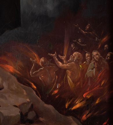 Zdjęcie nr 6: Obraz w kształcie stojącego prostokąta z przedstawieniem Matki Boskiej przekazującej szkaplerz św. Szymonowi Stockowi. Kompozycja dwustrefowa, w dolnej, po lewej stronie św. Szymon Stock ukazany w pozycji klęczącej, zwrócony w stronę Matki Boskiej z wyciągniętymi przed siebie rękami, którymi odbiera od Marii szkaplerz. Twarz podłużna, szczupła, okolona brodą, z tonsurą, nad nią okrągły i biały nimb. Ubrany jest w biały habit i brązowy płaszcz. U jego nóg leży otwarta księga. W górnej strefie, po prawej stronie Matka Boska siedząca na obłokach, lewą ręką podtrzymująca siedzące na jej kolanach Dzieciątko, prawą przekazująca szkaplerz św. Szymonowi. Maria ma podłużną twarz z długim nosem, drobnymi ustami i na wpółprzymkniętymi oczami. Ubrana jest w czerwoną suknię, niebieski płaszcz i biały welon oraz otwartą koronę na głowie, a wokół niej złoty nimb promienisty. Dzieciątko ukazane jest w pozycji siedzącej, zwrócone trzy czwarte w prawo, prawą ręką czyniące gest błogosławieństwa. Twarz o rysach małego dziecka, okolona jasnymi i kędzierzawymi włosami. Wokół głowy ma biały, krzyżowy nimb wpisany w okręg. Dzieciątko ubrane jest w białą sukienkę z krótkimi rękawami. W prawym dolnym narożu obrazu znajduje się czyściec wypełniony duszami wołającymi o pomoc, po lewej skalny pejzaż z miastem w oddali. Tło w dolnej części ciemnoniebieskie, pochmurne, w górnej części żółto-złote z pięcioma uskrzydlonymi główkami aniołków. Rama drewniana, złocona, ozdobiona ornamentem małżowinowo-chrząstkowym. W prawym dolnym rogu sygnatura &quot;M(arian) Szczurowski&quot;. 

