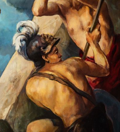 Zdjęcie nr 7: Obraz w kształcie zbliżonym do kwadratu zamkniętego półkolistym łukiem nadwieszonym, ujęty profilowaną, marmoryzowaną, złoconą i srebrzoną ramą z motywem astragalu, przedstawia scenę Zmartwychwstania Jezusa. Pośrodku kompozycji ukazana jest sylwetka unoszącego się Chrystusa zwróconego na wprost, z głową skierowaną w trzech czwartych w prawo. Pociągłą twarz charakteryzują subtelne rysy i krótki zarost. Długie, falowane włosy opadają na plecy i prawe ramię. Nagą, smukłą sylwetkę przesłania w partii bioder czerwony rozwiany płaszcz przewieszony przez prawe ramię. Ręce są rozłożone na boki, lewa uniesiona w geście błogosławieństwa, w prawej Jezus trzyma białą chorągiew z czerwonym krzyżem. Chrystus ukazany jest na tle pokrytego obłokami nieba. Na wysokości jego głowy rozsuwają się, odsłaniając słońce, którego promienie tworzą rodzaj nimbu. Dolną partię kompozycji zajmują sylwetki trzech żołnierzy w zbrojach rzymskich legionistów. Znajdujący się po lewej stronie ukazany jest w pozycji półleżącej. Trzymaną w prawej ręce tarczą osłania się od blasku bijącego od Jezusa. W lewej dłoni ma miecz. W głębi widać fragment kamiennego sarkofagu, którego wieko w postaci dużej, prostopadłościennej płyty zakończonej półkoliście, znajduje się po prawej stronie kompozycji w układzie diagonalnym. Za nim są sylwetki pozostałych dwóch żołnierzy. Pierwszy, skierowany profilem w prawo, przyklękając odwraca się do tyłu. Na głowie ma hełm z pióropuszem, biodra przesłania mu fartuch. W rękach trzyma włócznię. Dalej stoi drugi zwrócony na wprost podnosi do góry zgięte w łokciach ręce, w prawej trzymając miecz. U stóp żołnierzy leżą porzucone płaszcze i elementy uzbrojenia.   
W lewym dolnym rogu obrazu sygnatura „MAL(OWAŁ) ZB(IGNIEW) JUSZCZAK (19)99” .