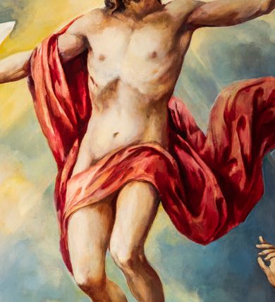 Zdjęcie nr 4: Obraz w kształcie zbliżonym do kwadratu zamkniętego półkolistym łukiem nadwieszonym, ujęty profilowaną, marmoryzowaną, złoconą i srebrzoną ramą z motywem astragalu, przedstawia scenę Zmartwychwstania Jezusa. Pośrodku kompozycji ukazana jest sylwetka unoszącego się Chrystusa zwróconego na wprost, z głową skierowaną w trzech czwartych w prawo. Pociągłą twarz charakteryzują subtelne rysy i krótki zarost. Długie, falowane włosy opadają na plecy i prawe ramię. Nagą, smukłą sylwetkę przesłania w partii bioder czerwony rozwiany płaszcz przewieszony przez prawe ramię. Ręce są rozłożone na boki, lewa uniesiona w geście błogosławieństwa, w prawej Jezus trzyma białą chorągiew z czerwonym krzyżem. Chrystus ukazany jest na tle pokrytego obłokami nieba. Na wysokości jego głowy rozsuwają się, odsłaniając słońce, którego promienie tworzą rodzaj nimbu. Dolną partię kompozycji zajmują sylwetki trzech żołnierzy w zbrojach rzymskich legionistów. Znajdujący się po lewej stronie ukazany jest w pozycji półleżącej. Trzymaną w prawej ręce tarczą osłania się od blasku bijącego od Jezusa. W lewej dłoni ma miecz. W głębi widać fragment kamiennego sarkofagu, którego wieko w postaci dużej, prostopadłościennej płyty zakończonej półkoliście, znajduje się po prawej stronie kompozycji w układzie diagonalnym. Za nim są sylwetki pozostałych dwóch żołnierzy. Pierwszy, skierowany profilem w prawo, przyklękając odwraca się do tyłu. Na głowie ma hełm z pióropuszem, biodra przesłania mu fartuch. W rękach trzyma włócznię. Dalej stoi drugi zwrócony na wprost podnosi do góry zgięte w łokciach ręce, w prawej trzymając miecz. U stóp żołnierzy leżą porzucone płaszcze i elementy uzbrojenia.   
W lewym dolnym rogu obrazu sygnatura „MAL(OWAŁ) ZB(IGNIEW) JUSZCZAK (19)99” .