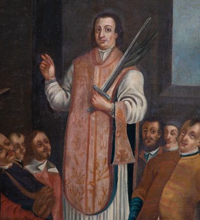 Zdjęcie nr 8: Nastawa architektoniczna, jednoosiowa, jednokondygnacyjna ze zwieńczeniem. Ołtarz prostopadłościenny, murowany, w drewnianej obudowie, z kamienną mensą. 
Antepedium ujęte profilowaną ramą, w polu malowana płycina w formie leżącego prostokąta o wklęsłych narożach, wypełniona wicią roślinną z różami, z kartuszem w centrum. W narożach przedstawienia ptaków na gałęziach. W polu kartusza scena męczeństwa św. Walentego, na tle pejzażu. Retabulum ustawione na wysokim cokole, szerszym od nastawy, z wyłamanymi czterema prostopadłościanami. Nastawa ujęta parą zdwojonych pilastrów i parą stojących przed nimi kolumn o kapitelach kompozytowych, dźwigających pełne belkowanie, wyłamane na ich osi, z architrawem przyjmującym nad polem środkowym formę łuku odcinkowego. Na belkowaniu fragmenty półkolistego, przerwanego przyczółka z siedzącymi puttami. W polu centralnym wnęka w formie stojącego prostokąta zamkniętego łukiem półkolistym nadwieszonym z uskokiem, ujęta profilowaną ramą, z obrazem św. Walentego. Nad nią, w polu belkowania rocaille&#039;owy kartusz z napisem „GLORIA HONORE / CORONASTI EUM / DOMINE”. Na skrajnych partiach cokołu ustawione figury św. Jana od Krzyża i św. Jana Kapistrana (?). Zwieńczenie w formie zbliżonej do trapezu, ujętego spływami wolutowymi, zamkniętego fragmentem gzymsu w formie łuku półkolistego nadwieszonego. Zwieńczenie flankowane liśćmi palmowymi, gzyms dekorowany rocaille&#039;m. W polu obraz św. Jana Nepomucena w kształcie analogicznym do zwieńczenia, w profilowanej ramie. Struktura polichromowana na sposób imitujący marmoryzację w kolorze niebieskim, profile i ornamentyka złocone, detal srebrzony. 

