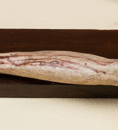 Zdjęcie nr 6: Rzeźba pełnoplastyczna przedstawiająca Chrystusa zawieszonego na krzyżu na wyprostowanych ramionach, figura w typie Cristo vivo. Głowa  Chrystusa delikatnie przechylona na prawe ramię; nogi wyprostowane w kolanach, stopy przebite jednym gwoździem w układzie prawa na lewą. Twarz Zbawiciela szeroka o wyraźnych rysach, długim i wąskim nosie oraz krótkiej brodzie, zawiniętej na końcu w dwa krótkie i silnie skręcone pukle. Włosy długie, opadające na plecy z jednym długim puklem spływającym sztywno na prawe ramię. Na głowie Chrystus ma założoną ciasno splecioną, zieloną koronę cierniową, zawiązaną opaską z gałązek. Sylwetka wychudzona, ułożona w nienaturalnej pozie z dużymi dłońmi i stopami. Perizonium złocone, ciasno oplatające biodra, przewiązane pośrodku z jednym końcem wystającym z prawej strony. Nad głową Chrystusa znajduje się titulus w formie białej tabliczki namalowanej na wolutowo wyciętym kartuszu z napisem w polu „I(ESUS) N(AZARENUS) R(EX) I[UDAEORUM]”. Polichromia naturalistyczna w odsłoniętych partiach ciała z zaznaczonymi śladami męki. Krzyż drewniany, prosty, malowany na kolor ciemnobrązowy.