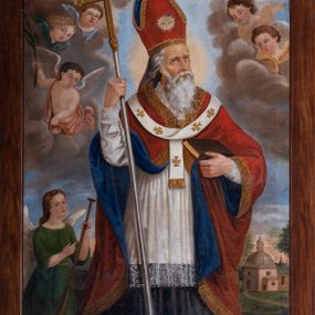 Zdjęcie nr 1: Obraz w formie stojącego prostokąta zamkniętego łukiem odcinkowym nadwieszonym z przedstawieniem św. Wojciecha ukazanego w całej postaci. Święty zwrócony jest w trzech czwartych w lewo, w prawej, uniesionej ręce trzyma laskę zakończoną krzyżem patriarchalnym, lewą, ugiętą przytrzymuje przy boku księgę. Twarz ma pociągłą, szczupłą, o starczych rysach, z migdałowatymi oczami, garbatym nosem i wąskimi ustami; okoloną długą, białą brodą oraz siwymi włosami sięgającymi ramion. Ubrany jest w czarną albę, białą rokietę, lamowaną koronką oraz czerwoną kapę ze złoconą bordiurą i niebieską podszewką, zapiętą na piersi klamrą. Na piersi ma paliusz, na głowie czerwoną infułę z wizerunkiem gołębicy Ducha Świętego. Po prawej stronie świętego stoi anioł w zielonej tunice, który w lewej ręce trzyma wiosło, prawą wskazuje na nie. Po lewej stronie świętego, w rogu, klęcząca półpostać fundatora z dłońmi złożonymi w geście modlitwy. Mężczyzna nosi wąsy, włosy ma zawiązane z tyłu głowy, ubrany jest w kamizelkę oraz habit à la française. Przed nim znajduje się kartusz z napisem „Wojciech / Supergan / Fundator tego / Ołtarza / A(nno) D(omini) 1800”. Po tej samej stronie w oddali ukazany kościół św. Wojciecha z Krakowa. W górnej części obrazu wyobrażone niebo z obłokami, pośród których po prawej stronie świętego znajduje się putto trzymające liść palmy, a wokół głowy Wojciecha pięć uskrzydlonych główek anielskich. 