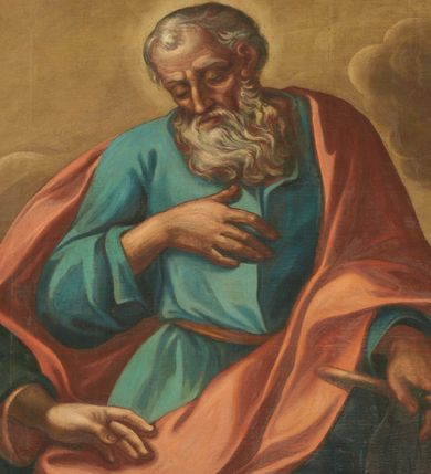 Zdjęcie nr 4: Obraz w formie stojącego prostokąta zamkniętego łukiem odcinkowym nadwieszonym z przedstawieniem świętych apostołów Szymona i Judy Tadeusza w całej postaci. Po lewej stronie obrazu św. Juda Tadeusz, zwrócony w trzech czwartych w lewo, w kontrapoście, w prawej ugiętej ręce trzyma pałkę opartą o ziemię, lewą wyciąga przed siebie. Twarz ma pociągłą, szczupłą,  niskim czole, dużych, okrągłych oczach, wąskim nosie i pełnych ustach; okoloną gęstymi i kręconymi, brązowymi włosami i brodą. Ubrany jest w jasnoczerwoną tunikę oraz obfity niebieski płaszcz przewiązany diagonalnie przez lewe ramię. Po prawej stronie obrazu św. Szymon ukazany frontalnie, w kontrapoście, z pochyloną głową, prawą rękę kładzie na piersi, lewą, ugiętą kładzie na pile opartej o ziemie. Twarz ma pociągłą, szczupłą, o starczych rysach, niskim czole, dużych, okrągłych oczach skierowanych w dół, garbatym nosie i pełnych ustach; okoloną gęstymi i kręconymi, siwymi włosami i brodą. Ubrany jest w niebieska tunikę przepasaną w talii oraz czerwony płaszcz przewiązany diagonalnie przez lewe ramię. Postacie ukazane na tle górzystego pejzażu z obniżonym horyzontem, z niebiesko-żółtym niebem wypełnionym obłokami z czterema uskrzydlonymi główkami anielskimi. 



