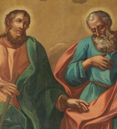 Zdjęcie nr 3: Obraz w formie stojącego prostokąta zamkniętego łukiem odcinkowym nadwieszonym z przedstawieniem świętych apostołów Szymona i Judy Tadeusza w całej postaci. Po lewej stronie obrazu św. Juda Tadeusz, zwrócony w trzech czwartych w lewo, w kontrapoście, w prawej ugiętej ręce trzyma pałkę opartą o ziemię, lewą wyciąga przed siebie. Twarz ma pociągłą, szczupłą,  niskim czole, dużych, okrągłych oczach, wąskim nosie i pełnych ustach; okoloną gęstymi i kręconymi, brązowymi włosami i brodą. Ubrany jest w jasnoczerwoną tunikę oraz obfity niebieski płaszcz przewiązany diagonalnie przez lewe ramię. Po prawej stronie obrazu św. Szymon ukazany frontalnie, w kontrapoście, z pochyloną głową, prawą rękę kładzie na piersi, lewą, ugiętą kładzie na pile opartej o ziemie. Twarz ma pociągłą, szczupłą, o starczych rysach, niskim czole, dużych, okrągłych oczach skierowanych w dół, garbatym nosie i pełnych ustach; okoloną gęstymi i kręconymi, siwymi włosami i brodą. Ubrany jest w niebieska tunikę przepasaną w talii oraz czerwony płaszcz przewiązany diagonalnie przez lewe ramię. Postacie ukazane na tle górzystego pejzażu z obniżonym horyzontem, z niebiesko-żółtym niebem wypełnionym obłokami z czterema uskrzydlonymi główkami anielskimi. 



