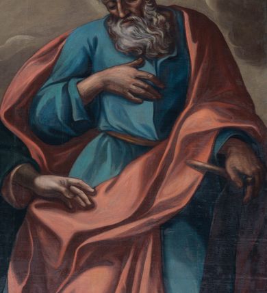 Zdjęcie nr 11: Nastawa ołtarzowa architektoniczna, jednokondygnacyjna ze zwieńczeniem, jednoosiowa z bramkami. Ołtarz prostopadłościenny, murowany, w drewnianej obudowie, z drewnianą mensą. Antepedium ujęte profilowaną ramą; w polu malowana płycina w formie leżącego prostokąta o zaokrąglonych narożach, wypełniona gałązkami różanymi, z akantowo-regencyjnym kartuszem. W narożach antepedium malowane ptaki siedzące na gałązkach. W polu kartusza ukazana scena męczeństwa św. Szymona i św. Judy Tadeusza, na tle pejzażu. Tabernakulum metalowe, prostopadłościenne, flankowane pilastrami w formie spływów wolutowych zdobionych gałązkami róży, zamknięte od góry profilowanym gzymsem. Drzwiczki w kształcie stojącego prostokąta zamkniętego łukiem odcinkowym nadwieszonym; w polu przedstawienie kielicha z hostią. Tabernakulum wprawione w wysoki cokół, na którym stoi tron wystawienia w formie obrotowej niszy, o wypukłej ściance frontowej i ustawionymi pod kątem ściankami bocznymi. Nisza flankowana parą kolumienek i spływów wolutowych dźwigających belkowanie oraz fragmenty przerwanego, półkolistego przyczółka. Na belkowaniu szczyt z rocaillem, z napisem w polu: „ECCE / TABERNACULUM / DEI”. Nastawa ustawiona na dwustrefowym cokole, z wyodrębnionymi czterema prostopadłościanami, w górnej części zdobionym płycinami. Retabulum ujęte parami pilastrów i filarów o kanelowanych trzonach oraz stojącymi przed nimi w układzie schodkowym kolumnami o kapitelach kompozytowych. Podpory dźwigają pełne belkowanie, wyłamane na ich osi, z przerwanym architrawem nad polem środkowym. Na belkowaniu fragmenty falistego, przerwanego przyczółka z figurami aniołów z arma Christi. W polu środkowym wnęka w formie stojącego prostokąta zamkniętego łukiem odcinkowym nadwieszonym, ujęta profilowaną ramą, z obrazem Najświętszej Marii Panny Niepokalanie Poczętej. Nad nią, w polu belkowania rocaille'owy kartusz z napisem „HI / SUNT VIRI / MISERICORDIAE / [...]ccdis 44”. Zwieńczenie w formie zbliżonej do stojącego prostokąta, ujętego pilastrami przechodzącymi w spływy wolutowe, zamkniętego dwoma fragmentami wolutowego gzymsu. Całość zakończona szczytem utworzonym z muszli i zwisów kwiatowych, flankowanym przez dwa wazony. Zwieńczenie ujęte liśćmi palmowymi. W polu obraz z grupą Ukrzyżowania w formie stojącego prostokąta, w profilowanej ramie, dekorowanej rocaille'm. Nastawa flankowana bramkami zwieńczonymi konsolami, na których stoją figury Marii i św. Jana Ewangelisty. Przejścia w formie stojącego prostokąta o wklęsłych górnych narożach, z drzwiczkami z malowanymi przedstawieniami św. Piotra i św. Pawła. Struktura polichromowana na sposób imitujący marmoryzację w kolorze zielono-niebieskim, z laserunkiem, kolumny, ornamentyka i profile złocone, detal srebrzony.