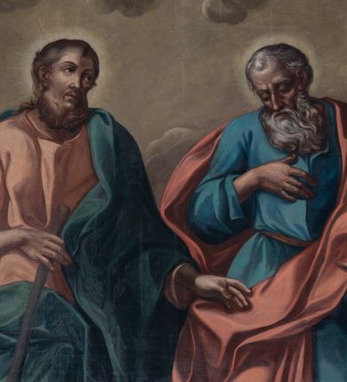 Zdjęcie nr 6: Nastawa ołtarzowa architektoniczna, jednokondygnacyjna ze zwieńczeniem, jednoosiowa z bramkami. Ołtarz prostopadłościenny, murowany, w drewnianej obudowie, z drewnianą mensą. Antepedium ujęte profilowaną ramą; w polu malowana płycina w formie leżącego prostokąta o zaokrąglonych narożach, wypełniona gałązkami różanymi, z akantowo-regencyjnym kartuszem. W narożach antepedium malowane ptaki siedzące na gałązkach. W polu kartusza ukazana scena męczeństwa św. Szymona i św. Judy Tadeusza, na tle pejzażu. Tabernakulum metalowe, prostopadłościenne, flankowane pilastrami w formie spływów wolutowych zdobionych gałązkami róży, zamknięte od góry profilowanym gzymsem. Drzwiczki w kształcie stojącego prostokąta zamkniętego łukiem odcinkowym nadwieszonym; w polu przedstawienie kielicha z hostią. Tabernakulum wprawione w wysoki cokół, na którym stoi tron wystawienia w formie obrotowej niszy, o wypukłej ściance frontowej i ustawionymi pod kątem ściankami bocznymi. Nisza flankowana parą kolumienek i spływów wolutowych dźwigających belkowanie oraz fragmenty przerwanego, półkolistego przyczółka. Na belkowaniu szczyt z rocaillem, z napisem w polu: „ECCE / TABERNACULUM / DEI”. Nastawa ustawiona na dwustrefowym cokole, z wyodrębnionymi czterema prostopadłościanami, w górnej części zdobionym płycinami. Retabulum ujęte parami pilastrów i filarów o kanelowanych trzonach oraz stojącymi przed nimi w układzie schodkowym kolumnami o kapitelach kompozytowych. Podpory dźwigają pełne belkowanie, wyłamane na ich osi, z przerwanym architrawem nad polem środkowym. Na belkowaniu fragmenty falistego, przerwanego przyczółka z figurami aniołów z arma Christi. W polu środkowym wnęka w formie stojącego prostokąta zamkniętego łukiem odcinkowym nadwieszonym, ujęta profilowaną ramą, z obrazem Najświętszej Marii Panny Niepokalanie Poczętej. Nad nią, w polu belkowania rocaille'owy kartusz z napisem „HI / SUNT VIRI / MISERICORDIAE / [...]ccdis 44”. Zwieńczenie w formie zbliżonej do stojącego prostokąta, ujętego pilastrami przechodzącymi w spływy wolutowe, zamkniętego dwoma fragmentami wolutowego gzymsu. Całość zakończona szczytem utworzonym z muszli i zwisów kwiatowych, flankowanym przez dwa wazony. Zwieńczenie ujęte liśćmi palmowymi. W polu obraz z grupą Ukrzyżowania w formie stojącego prostokąta, w profilowanej ramie, dekorowanej rocaille'm. Nastawa flankowana bramkami zwieńczonymi konsolami, na których stoją figury Marii i św. Jana Ewangelisty. Przejścia w formie stojącego prostokąta o wklęsłych górnych narożach, z drzwiczkami z malowanymi przedstawieniami św. Piotra i św. Pawła. Struktura polichromowana na sposób imitujący marmoryzację w kolorze zielono-niebieskim, z laserunkiem, kolumny, ornamentyka i profile złocone, detal srebrzony.