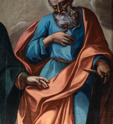 Zdjęcie nr 10: Nastawa ołtarzowa architektoniczna, jednokondygnacyjna ze zwieńczeniem, jednoosiowa z bramkami. Ołtarz prostopadłościenny, murowany, w drewnianej obudowie, z drewnianą mensą. Antepedium ujęte profilowaną ramą; w polu malowana płycina w formie leżącego prostokąta o zaokrąglonych narożach, wypełniona gałązkami różanymi, z akantowo-regencyjnym kartuszem. W narożach antepedium malowane ptaki siedzące na gałązkach. W polu kartusza ukazana scena męczeństwa św. Szymona i św. Judy Tadeusza, na tle pejzażu. Tabernakulum metalowe, prostopadłościenne, flankowane pilastrami w formie spływów wolutowych zdobionych gałązkami róży, zamknięte od góry profilowanym gzymsem. Drzwiczki w kształcie stojącego prostokąta zamkniętego łukiem odcinkowym nadwieszonym; w polu przedstawienie kielicha z hostią. Tabernakulum wprawione w wysoki cokół, na którym stoi tron wystawienia w formie obrotowej niszy, o wypukłej ściance frontowej i ustawionymi pod kątem ściankami bocznymi. Nisza flankowana parą kolumienek i spływów wolutowych dźwigających belkowanie oraz fragmenty przerwanego, półkolistego przyczółka. Na belkowaniu szczyt z rocaillem, z napisem w polu: „ECCE / TABERNACULUM / DEI”. Nastawa ustawiona na dwustrefowym cokole, z wyodrębnionymi czterema prostopadłościanami, w górnej części zdobionym płycinami. Retabulum ujęte parami pilastrów i filarów o kanelowanych trzonach oraz stojącymi przed nimi w układzie schodkowym kolumnami o kapitelach kompozytowych. Podpory dźwigają pełne belkowanie, wyłamane na ich osi, z przerwanym architrawem nad polem środkowym. Na belkowaniu fragmenty falistego, przerwanego przyczółka z figurami aniołów z arma Christi. W polu środkowym wnęka w formie stojącego prostokąta zamkniętego łukiem odcinkowym nadwieszonym, ujęta profilowaną ramą, z obrazem Najświętszej Marii Panny Niepokalanie Poczętej. Nad nią, w polu belkowania rocaille&#039;owy kartusz z napisem „HI / SUNT VIRI / MISERICORDIAE / [...]ccdis 44”. Zwieńczenie w formie zbliżonej do stojącego prostokąta, ujętego pilastrami przechodzącymi w spływy wolutowe, zamkniętego dwoma fragmentami wolutowego gzymsu. Całość zakończona szczytem utworzonym z muszli i zwisów kwiatowych, flankowanym przez dwa wazony. Zwieńczenie ujęte liśćmi palmowymi. W polu obraz z grupą Ukrzyżowania w formie stojącego prostokąta, w profilowanej ramie, dekorowanej rocaille&#039;m. Nastawa flankowana bramkami zwieńczonymi konsolami, na których stoją figury Marii i św. Jana Ewangelisty. Przejścia w formie stojącego prostokąta o wklęsłych górnych narożach, z drzwiczkami z malowanymi przedstawieniami św. Piotra i św. Pawła. Struktura polichromowana na sposób imitujący marmoryzację w kolorze zielono-niebieskim, z laserunkiem, kolumny, ornamentyka i profile złocone, detal srebrzony.