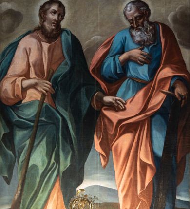 Zdjęcie nr 5: Nastawa ołtarzowa architektoniczna, jednokondygnacyjna ze zwieńczeniem, jednoosiowa z bramkami. Ołtarz prostopadłościenny, murowany, w drewnianej obudowie, z drewnianą mensą. Antepedium ujęte profilowaną ramą; w polu malowana płycina w formie leżącego prostokąta o zaokrąglonych narożach, wypełniona gałązkami różanymi, z akantowo-regencyjnym kartuszem. W narożach antepedium malowane ptaki siedzące na gałązkach. W polu kartusza ukazana scena męczeństwa św. Szymona i św. Judy Tadeusza, na tle pejzażu. Tabernakulum metalowe, prostopadłościenne, flankowane pilastrami w formie spływów wolutowych zdobionych gałązkami róży, zamknięte od góry profilowanym gzymsem. Drzwiczki w kształcie stojącego prostokąta zamkniętego łukiem odcinkowym nadwieszonym; w polu przedstawienie kielicha z hostią. Tabernakulum wprawione w wysoki cokół, na którym stoi tron wystawienia w formie obrotowej niszy, o wypukłej ściance frontowej i ustawionymi pod kątem ściankami bocznymi. Nisza flankowana parą kolumienek i spływów wolutowych dźwigających belkowanie oraz fragmenty przerwanego, półkolistego przyczółka. Na belkowaniu szczyt z rocaillem, z napisem w polu: „ECCE / TABERNACULUM / DEI”. Nastawa ustawiona na dwustrefowym cokole, z wyodrębnionymi czterema prostopadłościanami, w górnej części zdobionym płycinami. Retabulum ujęte parami pilastrów i filarów o kanelowanych trzonach oraz stojącymi przed nimi w układzie schodkowym kolumnami o kapitelach kompozytowych. Podpory dźwigają pełne belkowanie, wyłamane na ich osi, z przerwanym architrawem nad polem środkowym. Na belkowaniu fragmenty falistego, przerwanego przyczółka z figurami aniołów z arma Christi. W polu środkowym wnęka w formie stojącego prostokąta zamkniętego łukiem odcinkowym nadwieszonym, ujęta profilowaną ramą, z obrazem Najświętszej Marii Panny Niepokalanie Poczętej. Nad nią, w polu belkowania rocaille&#039;owy kartusz z napisem „HI / SUNT VIRI / MISERICORDIAE / [...]ccdis 44”. Zwieńczenie w formie zbliżonej do stojącego prostokąta, ujętego pilastrami przechodzącymi w spływy wolutowe, zamkniętego dwoma fragmentami wolutowego gzymsu. Całość zakończona szczytem utworzonym z muszli i zwisów kwiatowych, flankowanym przez dwa wazony. Zwieńczenie ujęte liśćmi palmowymi. W polu obraz z grupą Ukrzyżowania w formie stojącego prostokąta, w profilowanej ramie, dekorowanej rocaille&#039;m. Nastawa flankowana bramkami zwieńczonymi konsolami, na których stoją figury Marii i św. Jana Ewangelisty. Przejścia w formie stojącego prostokąta o wklęsłych górnych narożach, z drzwiczkami z malowanymi przedstawieniami św. Piotra i św. Pawła. Struktura polichromowana na sposób imitujący marmoryzację w kolorze zielono-niebieskim, z laserunkiem, kolumny, ornamentyka i profile złocone, detal srebrzony.