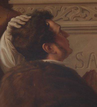 Zdjęcie nr 9: Obraz w kształcie prostokąta zamkniętego łukiem odcinkowym. Matka Boska z Dzieciątkiem na lewym kolanie siedzi na tronie umieszczonym na wysokim postumencie, pod ażurowym baldachimem wspartym na cienkich kolumienkach wiązkowych. Ubrana w czerwoną suknię i niebieski płaszcz, w prawej ręce trzyma berło, na głowie korona otwarta. Dzieciątko, odziane w niebieską sukienkę, wznosi prawą rączkę w geście błogosławieństwa, w lewej trzyma niebieską kulę świata,. Po bokach Matki Boskiej postacie skrzydlatych aniołów, z których umieszczone w górze unoszą girlandy kwiatów. U podstawy postumentu klęczą z rękami złożonymi w geście modlitwy członkowie rodziny Potockich (Artur i Zofia oraz Andrzej), zwróceni ku Matce Boskiej, polecani przez swoich świętych patronów. Tło obrazu niebieskie. Na cokole inskrypcja majuskułowa (początek antyfony brewiarzowej): SALVE REGINA / [MATER] MISERICO[DIAE] / [VITA] [DUL]CED[O] . Obraz w prostokątnej ramie zamkniętej półkoliście.