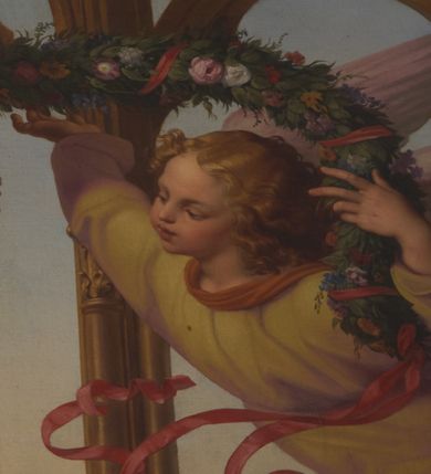 Zdjęcie nr 12: Obraz w kształcie prostokąta zamkniętego łukiem odcinkowym. Matka Boska z Dzieciątkiem na lewym kolanie siedzi na tronie umieszczonym na wysokim postumencie, pod ażurowym baldachimem wspartym na cienkich kolumienkach wiązkowych. Ubrana w czerwoną suknię i niebieski płaszcz, w prawej ręce trzyma berło, na głowie korona otwarta. Dzieciątko, odziane w niebieską sukienkę, wznosi prawą rączkę w geście błogosławieństwa, w lewej trzyma niebieską kulę świata,. Po bokach Matki Boskiej postacie skrzydlatych aniołów, z których umieszczone w górze unoszą girlandy kwiatów. U podstawy postumentu klęczą z rękami złożonymi w geście modlitwy członkowie rodziny Potockich (Artur i Zofia oraz Andrzej), zwróceni ku Matce Boskiej, polecani przez swoich świętych patronów. Tło obrazu niebieskie. Na cokole inskrypcja majuskułowa (początek antyfony brewiarzowej): SALVE REGINA / [MATER] MISERICO[DIAE] / [VITA] [DUL]CED[O] . Obraz w prostokątnej ramie zamkniętej półkoliście.