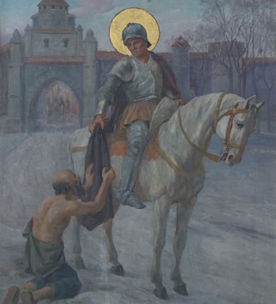 Zdjęcie nr 2: Feretron w formie szerokiej, prostokątnej złoconej ramy umieszczonej na cokole, w którym dwa otwory na drążki służące do przenoszenia. Rama zdobiona ornamentem roślinnym, w narożach prostokątne guzy otoczone ornamentem roślinnym, a pośrodku boków ramy rauty. W zwieńczeniu dwie antytetyczne woluty ozdobione trzema różami. Po bokach motywy liści akantu zakończone kampanullami i cekinami. W polu ramy, pośrodku, umieszczony obraz w kształcie prostokąta z przedstawieniem świętego Marcina z Tours na koniu i żebraka; w tle mury miejskie. 