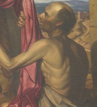 Zdjęcie nr 3: Obraz w kształcie stojącego prostokąta. Pod półkolistą arkadą święty Marcin na białym koniu, ujęty en face, pochyla głowę w prawo, ku klęczącemu żebrakowi, który ujmuje podawaną mu połę płaszcza. W prawej ręce święty trzyma ułożony poziomo bułat (rodzaj krótkiej szabli). Odziany w zbroję i czerwony płaszcz przerzucony przez prawe ramię. Żebrak ukazany z profilu, z obnażonym torsem oraz biodrami i udami okrytymi niebieską tkaniną. W tle przedstawienia niebieskie niebo i daleki górzysty pejzaż. Obraz sygnowany: FP 1843-45.