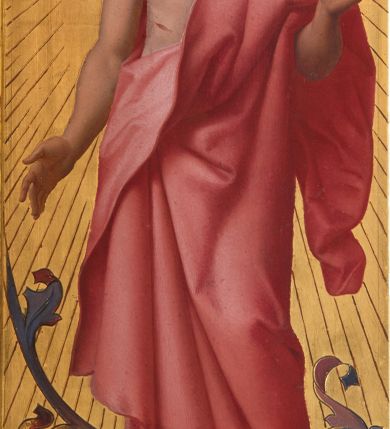 Zdjęcie nr 9: Ołtarz architektoniczny, przyścienny, jednokondygnacyjny, ze zwieńczeniem. Antependium prostokątne, zdobione płycinami z motywami maswrków. Nastawa jednoosiowa, z wydzieloną predellą, w której trzy prostokątne płyciny z dekoracją motywami maswerków, flankowana dwoma nadwieszonymi na konsolach, wielobocznym filarami, na których rzeźby uskrzydlonych aniołów stojących pod baldachimami zwieńczonymi pinaklami. W polu środkowym retabulum nisza prostokątna zamknięta łukiem odcinkowym, ujęta złoconą profilowaną ramą, w której w ażurowym rzeźbionym obramieniu obraz Hołd Trzech Króli. Zwieńczenie ołtarza dwustrefowe, trójkątne, ażurowe, z motywami maswerków, na osi z rodzajem aedikuli flankowanej pinaklami, w której rzeźba świętego Marcina pod baldachimem z pinaklem.