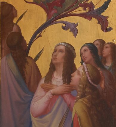 Zdjęcie nr 10: Ołtarz architektoniczny, przyścienny, jednokondygnacyjny, ze zwieńczeniem. Antependium prostokątne, zdobione płycinami z motywami maswrków. Nastawa jednoosiowa, z wydzieloną predellą, w której trzy prostokątne płyciny z dekoracją motywami maswerków, flankowana dwoma nadwieszonymi na konsolach, wielobocznym filarami, na których rzeźby uskrzydlonych aniołów stojących pod baldachimami zwieńczonymi pinaklami. W polu środkowym retabulum nisza prostokątna zamknięta łukiem odcinkowym, ujęta złoconą profilowaną ramą, w której w ażurowym rzeźbionym obramieniu obraz Hołd Trzech Króli. Zwieńczenie ołtarza dwustrefowe, trójkątne, ażurowe, z motywami maswerków, na osi z rodzajem aedikuli flankowanej pinaklami, w której rzeźba świętego Marcina pod baldachimem z pinaklem.