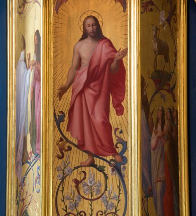 Zdjęcie nr 8: Ołtarz architektoniczny, przyścienny, jednokondygnacyjny, ze zwieńczeniem. Antependium prostokątne, zdobione płycinami z motywami maswrków. Nastawa jednoosiowa, z wydzieloną predellą, w której trzy prostokątne płyciny z dekoracją motywami maswerków, flankowana dwoma nadwieszonymi na konsolach, wielobocznym filarami, na których rzeźby uskrzydlonych aniołów stojących pod baldachimami zwieńczonymi pinaklami. W polu środkowym retabulum nisza prostokątna zamknięta łukiem odcinkowym, ujęta złoconą profilowaną ramą, w której w ażurowym rzeźbionym obramieniu obraz Hołd Trzech Króli. Zwieńczenie ołtarza dwustrefowe, trójkątne, ażurowe, z motywami maswerków, na osi z rodzajem aedikuli flankowanej pinaklami, w której rzeźba świętego Marcina pod baldachimem z pinaklem.