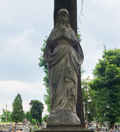 Zdjęcie nr 1: Nagrobek wolnostojący na rozbudowanym cokole, zwieńczony figurą Matki Boskiej. Cokół jest gładki, wieloczęściowy, z której część niższa jest szersza od górnej. Dolna jest prostopadłościenna, z uskokiem, na górnej części na frontowej ścianie inskrypcja. Figura Matki Boskiej w typie Niepokalanej ukazuje Marię w całej postaci, stojącą frontalnie, z rękami złożonymi do modlitwy i półksiężycem pod prawą stopą. Ma owalną, zamyśloną twarz o łagodnych rysach, oczy przymknięte, nos prosty, usta wąskie. Jest ubrana w długą, przewiązaną w pasie suknię i siegający ziemi płaszcz, który osłania jej głowę, plecy i jest założony za pasek przy lewym biodrze. 