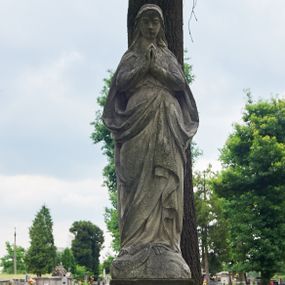 Zdjęcie nr 1: Nagrobek wolnostojący na rozbudowanym cokole, zwieńczony figurą Matki Boskiej. Cokół jest gładki, wieloczęściowy, z której część niższa jest szersza od górnej. Dolna jest prostopadłościenna, z uskokiem, na górnej części na frontowej ścianie inskrypcja. Figura Matki Boskiej w typie Niepokalanej ukazuje Marię w całej postaci, stojącą frontalnie, z rękami złożonymi do modlitwy i półksiężycem pod prawą stopą. Ma owalną, zamyśloną twarz o łagodnych rysach, oczy przymknięte, nos prosty, usta wąskie. Jest ubrana w długą, przewiązaną w pasie suknię i siegający ziemi płaszcz, który osłania jej głowę, plecy i jest założony za pasek przy lewym biodrze. 