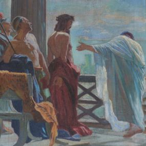 Zdjęcie nr 1: Cykl 14 obrazów w formie stojącego prostokąta w drewnianych, profilowanych i częściowo złoconych ramach. Od góry ujęte wolutami, zwieńczonymi kartuszami mieszczącymi rzymskie numery stacji z krzyżem. Kompozycje zamknięte, kadrowane w kilkupostaciowe sceny z tłem wypełnionym błękitnym lub szarym niebem. Postacie malowane intensywnymi, kontrastowymi plamami barwnymi; twarze o delikatnie zaznaczonych rysach, typizowane, ubrane w obszerne szaty, stylizowane na wschodnie, miękko kształtowane silnym światłocieniem. Chrystus ubrany jest w czerwoną suknię o szerokich rękawach oraz brązową koronę cierniową. Postacie oprawców o muskularnych ciałach, ukazanych w śmiałych skrótach perspektywicznych. Fizjonomie postaci drugoplanowych oddane sumarycznie.