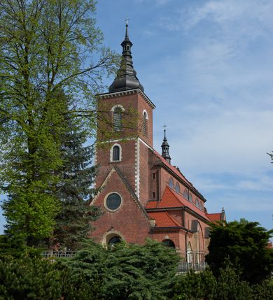 Zdjęcie nr 3: Kościół nieorientowany, skierowany prezbiterium ku północy, otoczony metalowym ogrodzeniem.  
Nawa na planie prostokąta z delikatnie wysuniętymi ramionami transeptu i z węższym oraz niższym prezbiterium, zamkniętym półkoliście, z wieżą dostawioną od fasady. Wzdłuż nawy dwuprzęsłowe arkady-kaplice, sklepione i połączone przejściami. Do wschodniego ramiona transeptu przylega kaplica Chrystusa Miłosiernego na planie prostokąta z absydą. Nawa i prezbiterium sklepione kolebkowo. Otwory okienne wysokie, zamknięte półkoliście, różnej wielkości. W prezbiterium sześć okien, w arkadach bocznych pięć, a w nawie głównej, powyżej gzymsu po sześć mniejszych na każdej ze ścian. Bryła znacznie rozczłonkowana z licznymi dobudówkami o przenikających się dachach. Nawa główna nakryta dachem dwupołaciowym, a dobudówki pulpitowymi, nałożonymi na zdwojone, wysokie okna nawy. Całą budowlę obiega gzyms podokapowy, a wokół nawy kostkowy. Wieża nakryta jest ośmiokrotnie podciętym hełmem i zwieńczona małym krzyżykiem.